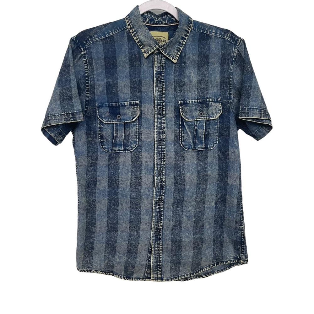 Roebuck & Co Sears Blue Denim Plaid Distressed Button Up